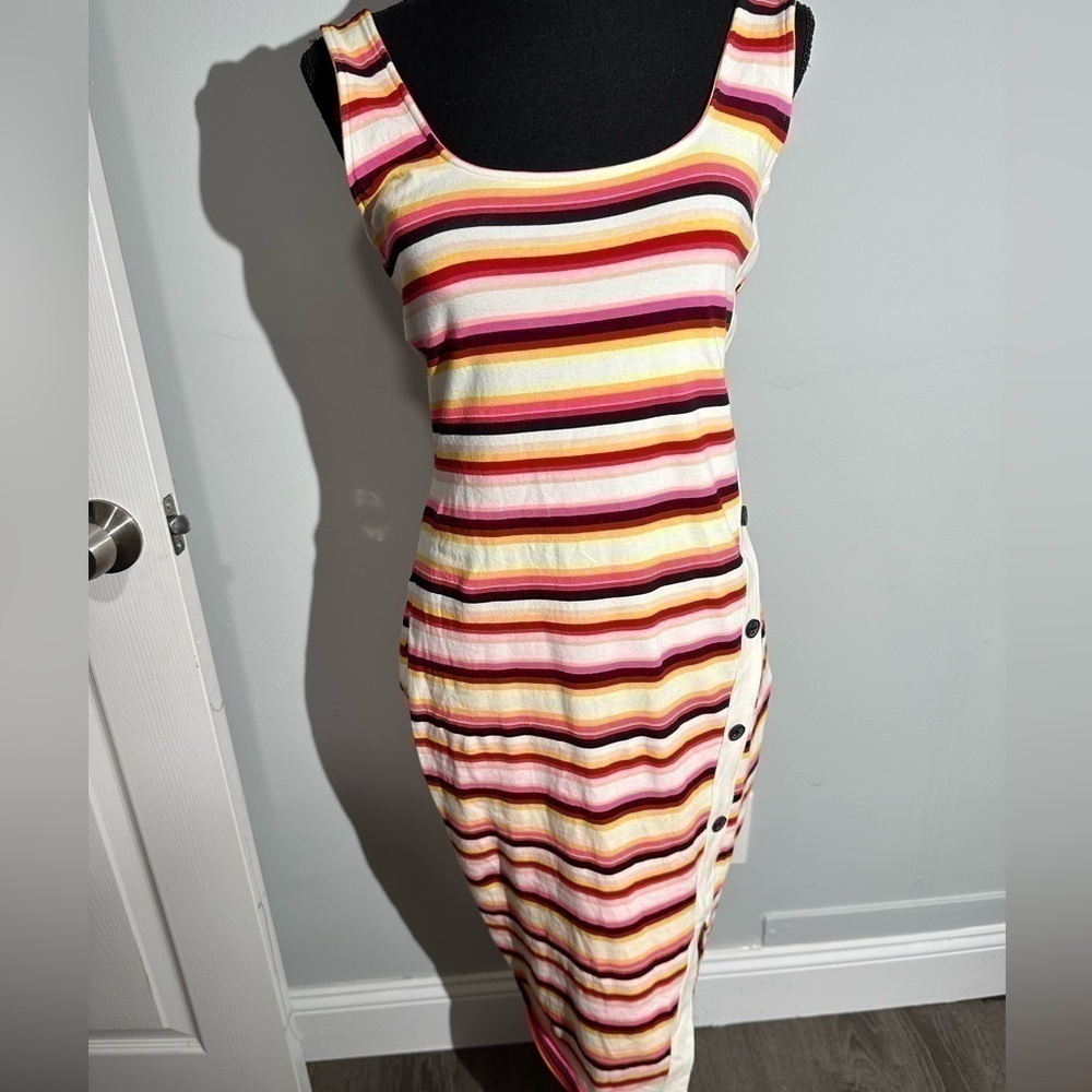 Express Stripped Asymmetrical Button Front Midi B… - image 2